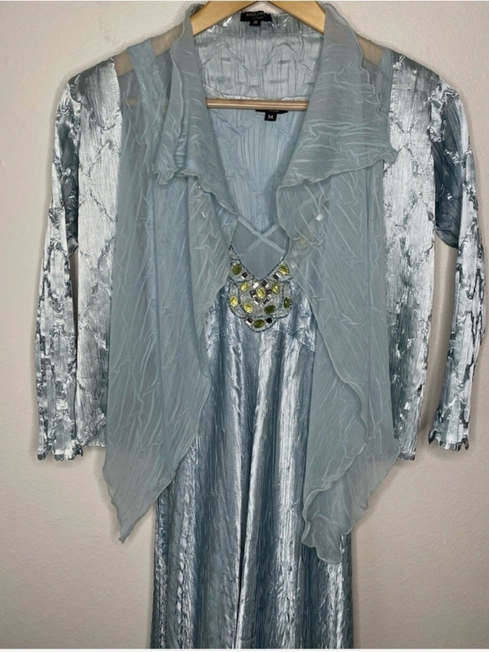 Komarov Silver-Blue Charmeuse sleeveless Dress with matching Sheer Overlay